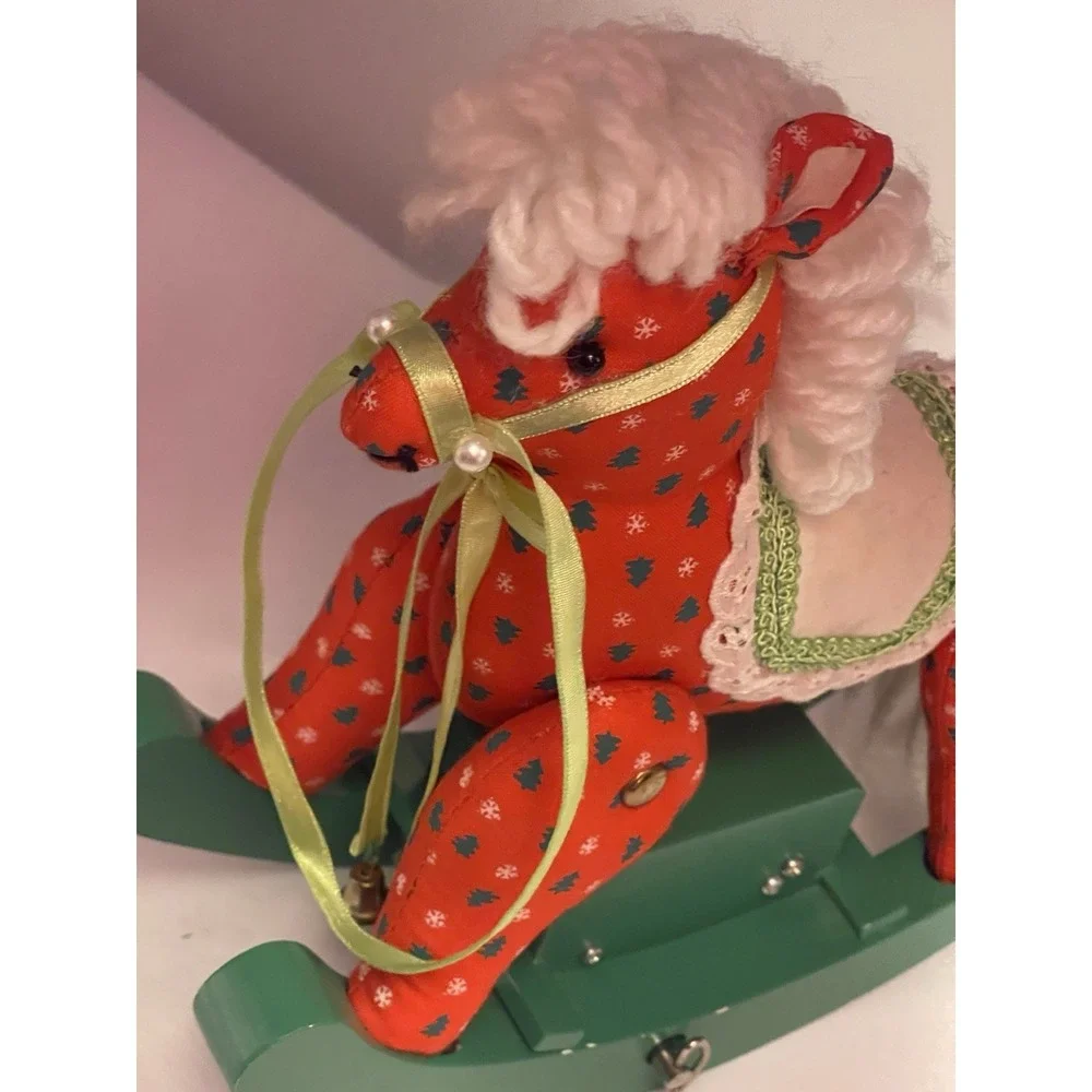 Stuffed Christmas Rocking Horse Music Box Red Green‎ Fabric Wood San Francisco